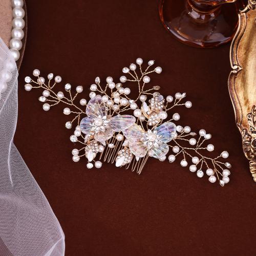 Bridal capelli decorativo Comb, lega in zinco, with filo di ottone & perla in plastica, fatto a mano, gioielli di moda & per la donna & con strass, dorato, 170x85mm, Venduto da PC