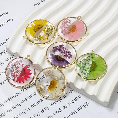 Brass Pendant with Dried Flower & Resin & Plastic Pearl Round gold color plated DIY nickel lead & cadmium free Sold By PC