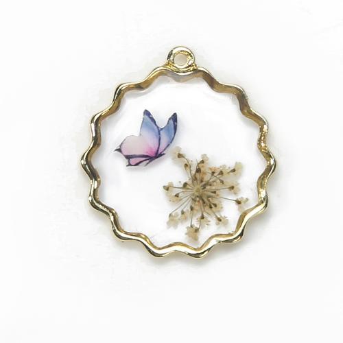 Mosiądz Wisiorek, ze Suszonych kwiatów & żywica, Powlekane, DIY, mieszane kolory, bez zawartości niklu, ołowiu i kadmu, 27.60x4.21x29.85mm, sprzedane przez PC