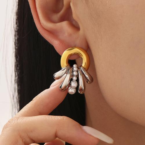 Nerezová ocel Drop náušnice, 304 Stainless Steel, s Plastové Pearl, barva pozlacený, módní šperky, více barev na výběr, Prodáno By Pair