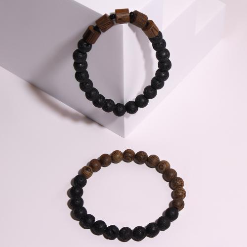 Bracelets de pierres précieuses, lave volcanique, avec fil élastique & bois, fait à la main, bijoux de mode & unisexe & styles différents pour le choix, Vendu par PC