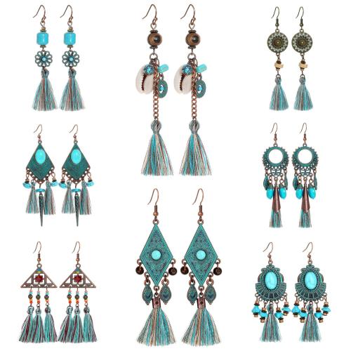 liga de zinco brinco de borla, with Fio de algodão & Turquesa sintética & concha, banhado, estilo folk & Vario tipos a sua escolha & para mulher & esmalte, earring length 70-100mm, vendido por par