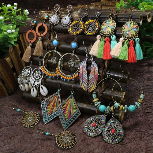 alliage de zinc Boucles d'oreilles, avec Fil de coton & turquoise synthétique, Placage, Style bohème & styles différents pour le choix & pour femme, Vendu par PC