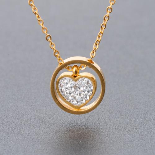 304 Stainless Steel Necklace Heart plated oval chain & for woman & with rhinestone Length Approx 16-20 Inch Sold By PC