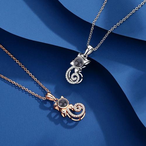 Brass Miniature Projection Necklace with Glass Cat plated fashion jewelry & with rhinestone nickel lead & cadmium free Sold By PC