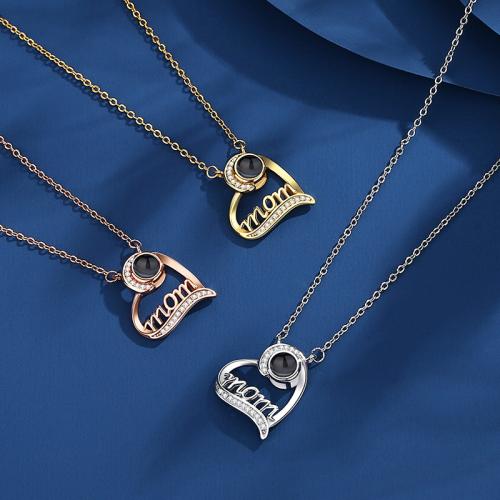 Brass Miniature Projection Necklace with Glass Heart plated fashion jewelry & with rhinestone nickel lead & cadmium free Length 40 cm Sold By PC