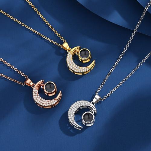 Brass Miniature Projection Necklace with Glass Moon plated fashion jewelry & micro pave cubic zirconia nickel lead & cadmium free Sold By PC