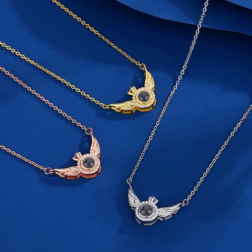 Brass Miniature Projection Necklace with Glass Angel Wing plated fashion jewelry & with rhinestone nickel lead & cadmium free Sold By PC