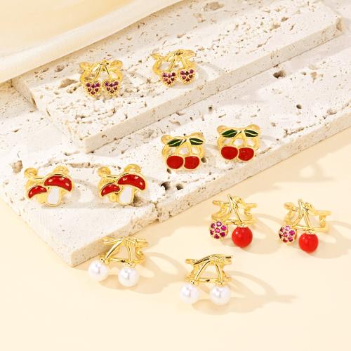 Cubic Zirconia Micro Pave Brass Earring with Plastic Pearl plated fashion jewelry & micro pave cubic zirconia & enamel Sold By Pair
