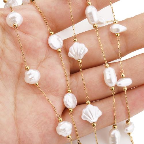 Decorative Beaded Chain 304 Stainless Steel with Plastic Pearl Baroque gold color plated DIY Sold By Bag