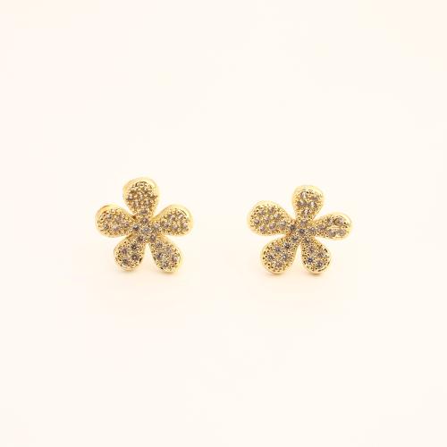 Boucles d'oreilles en laiton zircon cubique pavent, fleur, bijoux de mode & pavé de micro zircon & pour femme, doré, 12x12x14mm, Vendu par paire