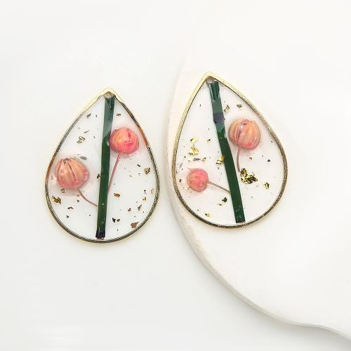 Brass Pendant with Dried Flower & Resin Round plated DIY & gold foil mixed colors nickel lead & cadmium free Sold By Pair