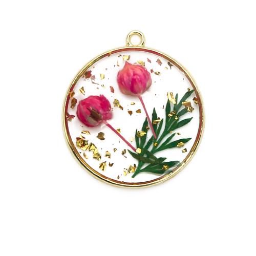 Brass Pendant with Dried Flower & Resin Round plated DIY & gold foil mixed colors nickel lead & cadmium free Sold By PC