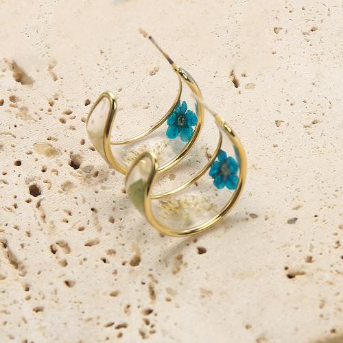 النحاس مسمار حلق, مع الزهور المجففة & الراتنج, مطلي, مجوهرات الموضة, الألوان المختلطة, النيكل والرصاص والكادميوم الحرة, 22.49x11.46x30.45mm, تباع بواسطة زوج
