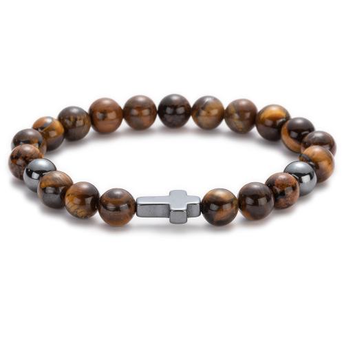 pierre gemme bracelet, avec alliage de zinc, croix, fait à la main, différents matériaux pour le choix & unisexe, beads length 8mm, Longueur Environ 7.48 pouce, Vendu par PC