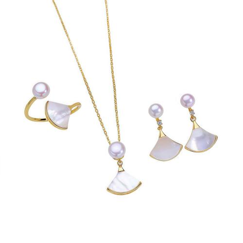 Sets de Perlas Cultivadas de Agua Dulce, metal, con Concha de labios blancos & Perlas cultivadas de agua dulce, chapado en color dorado, tres piezas & Joyería & con diamantes de imitación, más colores para la opción, libre de níquel, plomo & cadmio, 150x120x50mm, Vendido por Set