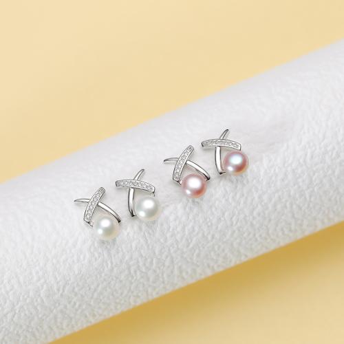 Brincos de pérolas de água doce, cobre, with Pérolas de água doce, cromado de cor prateada, joias de moda & com strass, Mais cores pare escolha, níquel, chumbo e cádmio livre, 6x6mm, vendido por par