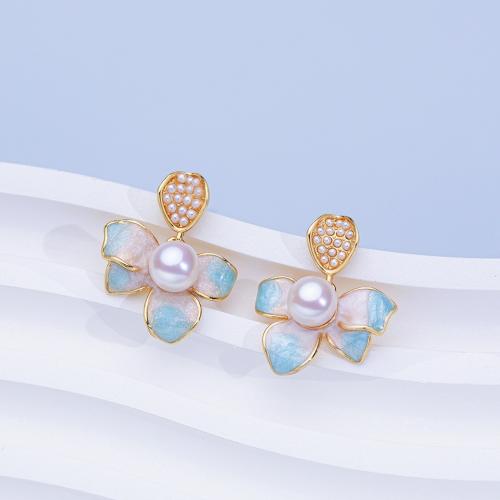 Sladkovodní Pearl náušnice, s Mosaz, Kolo, barva pozlacený, módní šperky & s drahokamu, více barev na výběr, 6x6mm, Prodáno By Pair