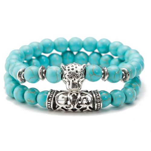 pierre gemme Set de bracelet, avec alliage de zinc, avec 2inch chaînes de rallonge, léopard, différents matériaux pour le choix & unisexe, beads length 8mm, Longueur Environ 7.5 pouce, Vendu par fixé