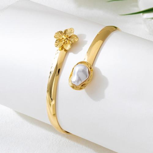 Stainless Steel Bangle 304 Stainless Steel with Plastic Pearl & Brass gold color plated Adjustable & fashion jewelry Sold By PC