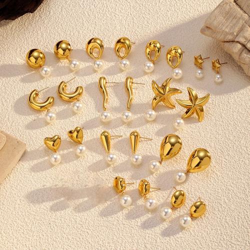 Stainless Steel Drop Earring 304 Stainless Steel with Plastic Pearl plated fashion jewelry & for woman golden Sold By Pair