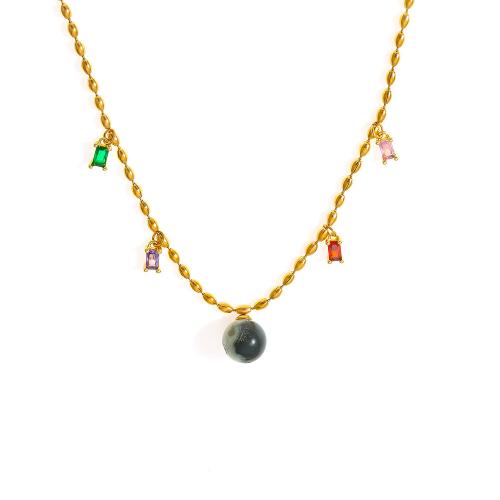 Titanium Steel Necklace with Natural Stone plated fashion jewelry & micro pave cubic zirconia & for woman golden Sold By PC