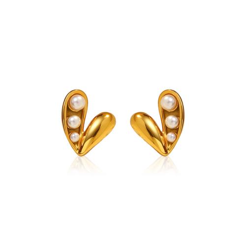 Stainless Steel Stud Earrings 304 Stainless Steel with Plastic Pearl 18K gold plated fashion jewelry & for woman Sold By Pair