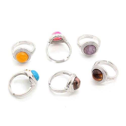 Gemstone Finger Ring, liga de zinco, with misto de pedras semi-preciosas, cromado de cor prateada, joias de moda, Mais cores pare escolha, 13x15mm, vendido por PC
