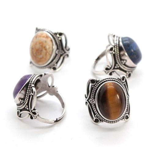 Gemstone Finger Ring, liga de zinco, with misto de pedras semi-preciosas, cromado de cor prateada, joias de moda, Mais cores pare escolha, 21x20mm, vendido por PC
