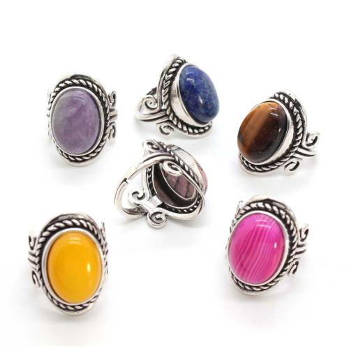 Gemstone Finger Ring, liga de zinco, with misto de pedras semi-preciosas, cromado de cor prateada, joias de moda, Mais cores pare escolha, 27x20mm, vendido por PC