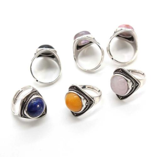 Gemstone Finger Ring, liga de zinco, with misto de pedras semi-preciosas, cromado de cor prateada, joias de moda, Mais cores pare escolha, 22x20mm, vendido por PC