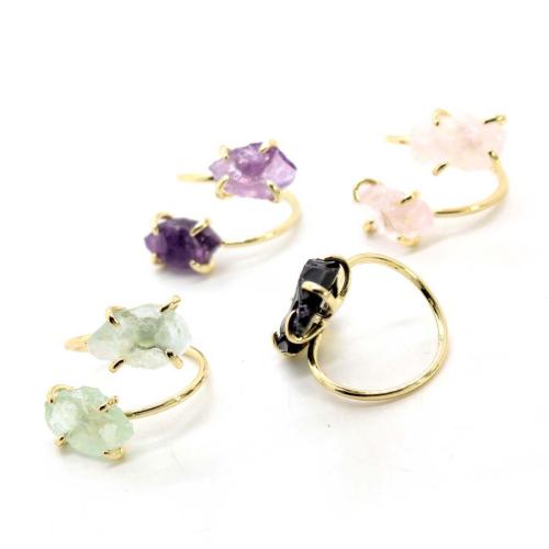 Gemstone Finger Ring, liga de zinco, with misto de pedras semi-preciosas, cromado de cor dourada, joias de moda, Mais cores pare escolha, 18x10mm, vendido por PC