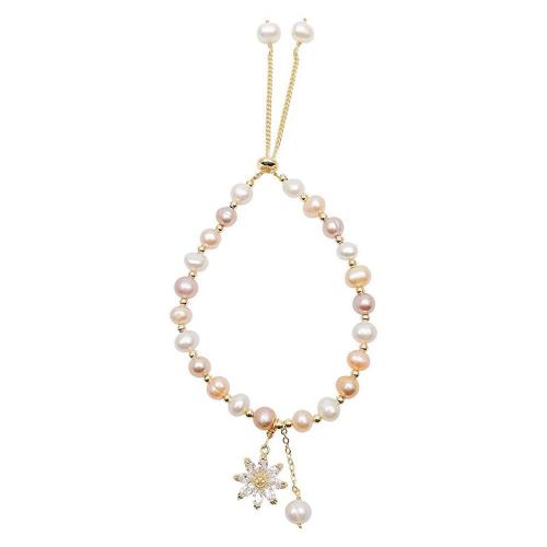 Braccialetto perla coltivata d'acqua dolce, perla d'acquadolce coltivata naturalmente, with lega in zinco, Cerchio, placcato color oro, gioielli di moda & Micro spianare cubic zirconia, nessuno, 6-7  MM, Venduto per 18 cm filo