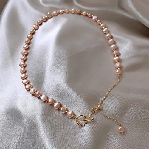 Natural Freshwater Pearl Necklace with Titanium Steel Baroque gold color plated fashion jewelry pink 6-7MM Sold Per 42 cm Strand