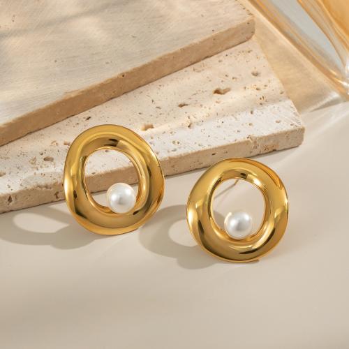 Boucle d'oreille de gaujon en acier inoxydable, Acier inoxydable 304, avec perle de plastique, Placage de couleur d'or, bijoux de mode & creux, plus de couleurs à choisir, Vendu par paire