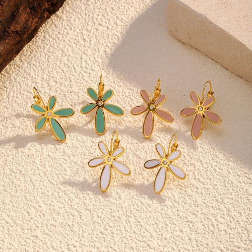 Stainless Steel Lever Back Earring 304 Stainless Steel Flower gold color plated for woman & enamel & with rhinestone Sold By Pair