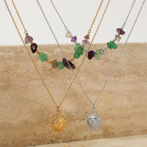 Stainless Steel Jewelry Necklace 304 Stainless Steel with Natural Stone plated Double Layer & fashion jewelry & for woman Sold By PC