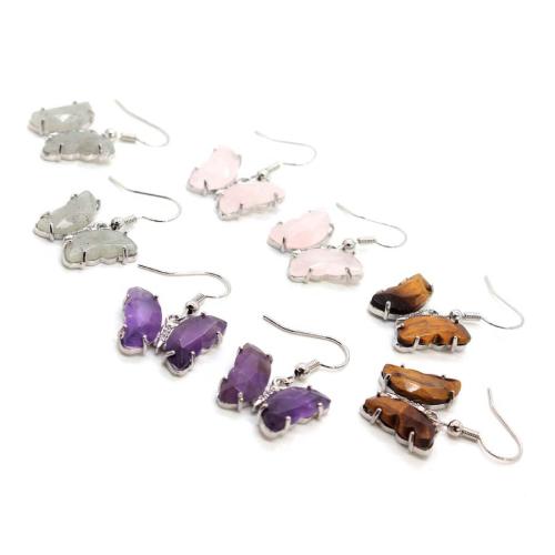 Gemstone Earrings, liga de zinco, with misto de pedras semi-preciosas, Borboleta, cromado de cor prateada, joias de moda, Mais cores pare escolha, 20x15mm, vendido por par