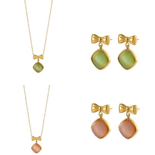 Gemstone jóias moda, Brinco de garanhão & colar, Aço inoxidável 304, with misto de pedras semi-preciosas, cromado de cor dourada, joias de moda, Mais cores pare escolha, comprimento 70 cm, vendido por PC