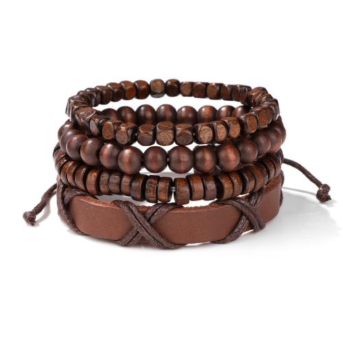 bois Set de bracelet, avec cuir PU & corde de cire & alliage de zinc, fait à la main, multicouche & unisexe & styles différents pour le choix, Longueur Environ 7.5 pouce, Vendu par fixé