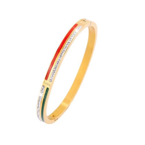 Stainless Steel Bangle 304 Stainless Steel plated for woman & enamel & with rhinestone golden Sold By PC