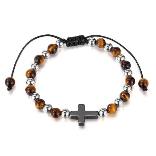 Bracelets de pierres précieuses, Acier inoxydable 304, avec corde de cire & oeil de tigre & Hématite, poli, bijoux de mode & unisexe, Vendu par PC