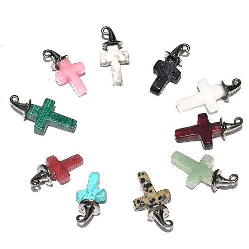 Pingentes em  jóias, misto de pedras semi-preciosas, with liga de zinco, Cruz, banhado, DIY, Mais cores pare escolha, 37x10x18mm, vendido por PC