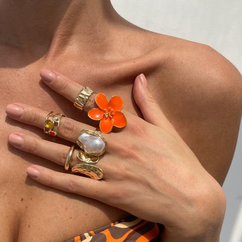 Zinc Alloy Ring Set with Plastic Pearl gold color plated fashion jewelry & micro pave cubic zirconia & enamel Sold By Set