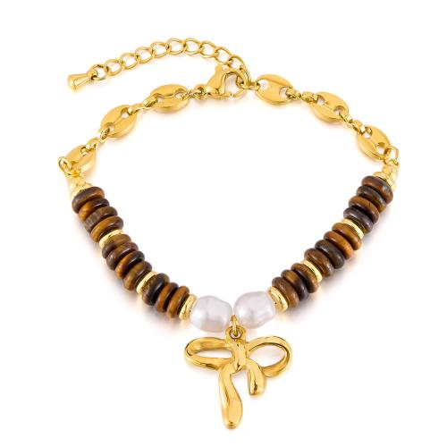 La tigre naturale Bracciali dell'occhio, 304 acciaio inox, with occhio di tigre & perla in plastica, placcato, gioielli di moda & per la donna, dorato, Venduto da PC