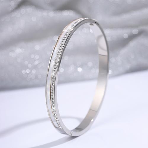 304 Stainless Steel Bangle with Shell plated fashion jewelry & for woman & with rhinestone silver color Sold By PC