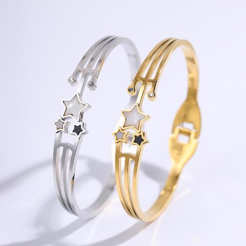 304 Stainless Steel Cuff Bangle with White Shell & Acrylic plated Unisex & with rhinestone & hollow Sold By PC