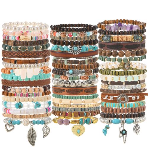 Wrap Bracelet Zinc Alloy with Elastic Thread & Turquoise & Wood & Plastic Pearl handmade fashion jewelry & for woman mixed colors Diameter :5.5cm Sold By Set