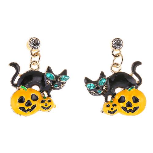 aleación de zinc Pendientes con Colgantes, Gato, chapado en color dorado, Diseño de Halloween & para mujer & esmalte & con diamantes de imitación, earring length 30-40mm, Vendido por Par