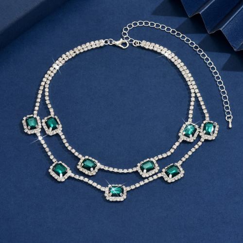 Brass Necklace, with Gemstone, plated, Double Layer & fashion jewelry & with rhinestone, more colors for choice, nickel, lead & cadmium free, Sold By PC